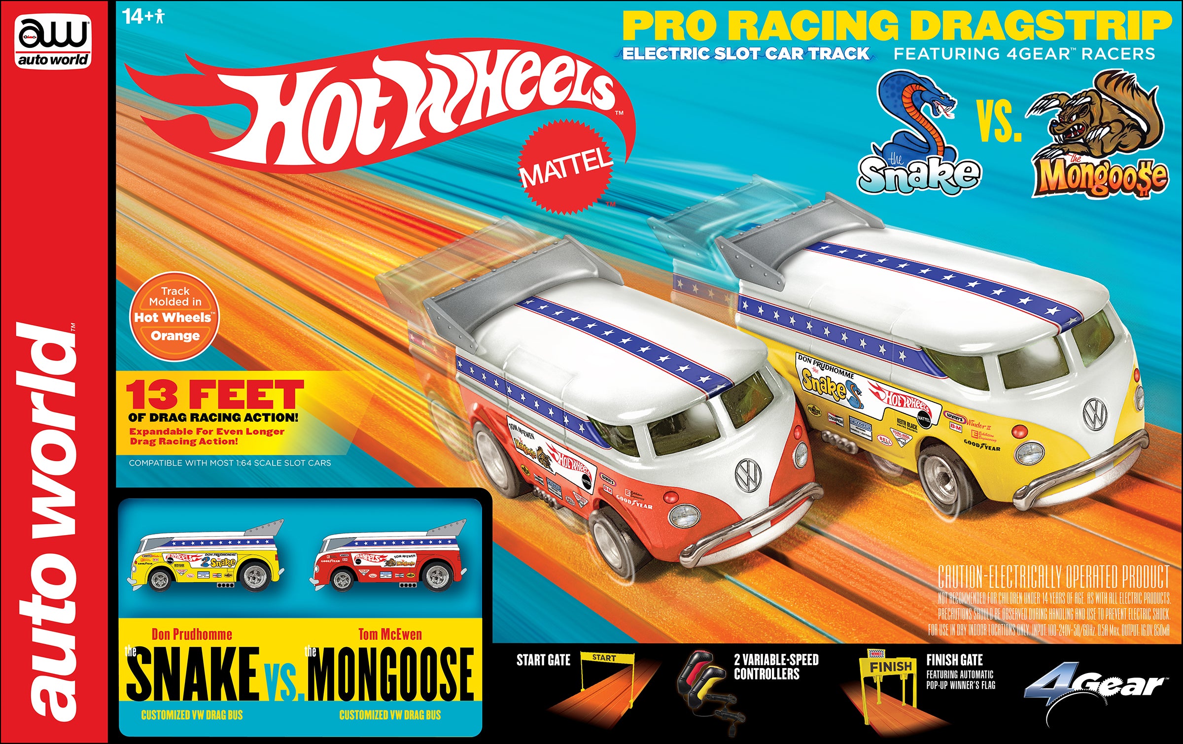 Auto World 13-Foot Hot Wheels Snake II vs Mongoose Manual Slot Race Set (SRS340) - Relive the Drag Racing Legend!