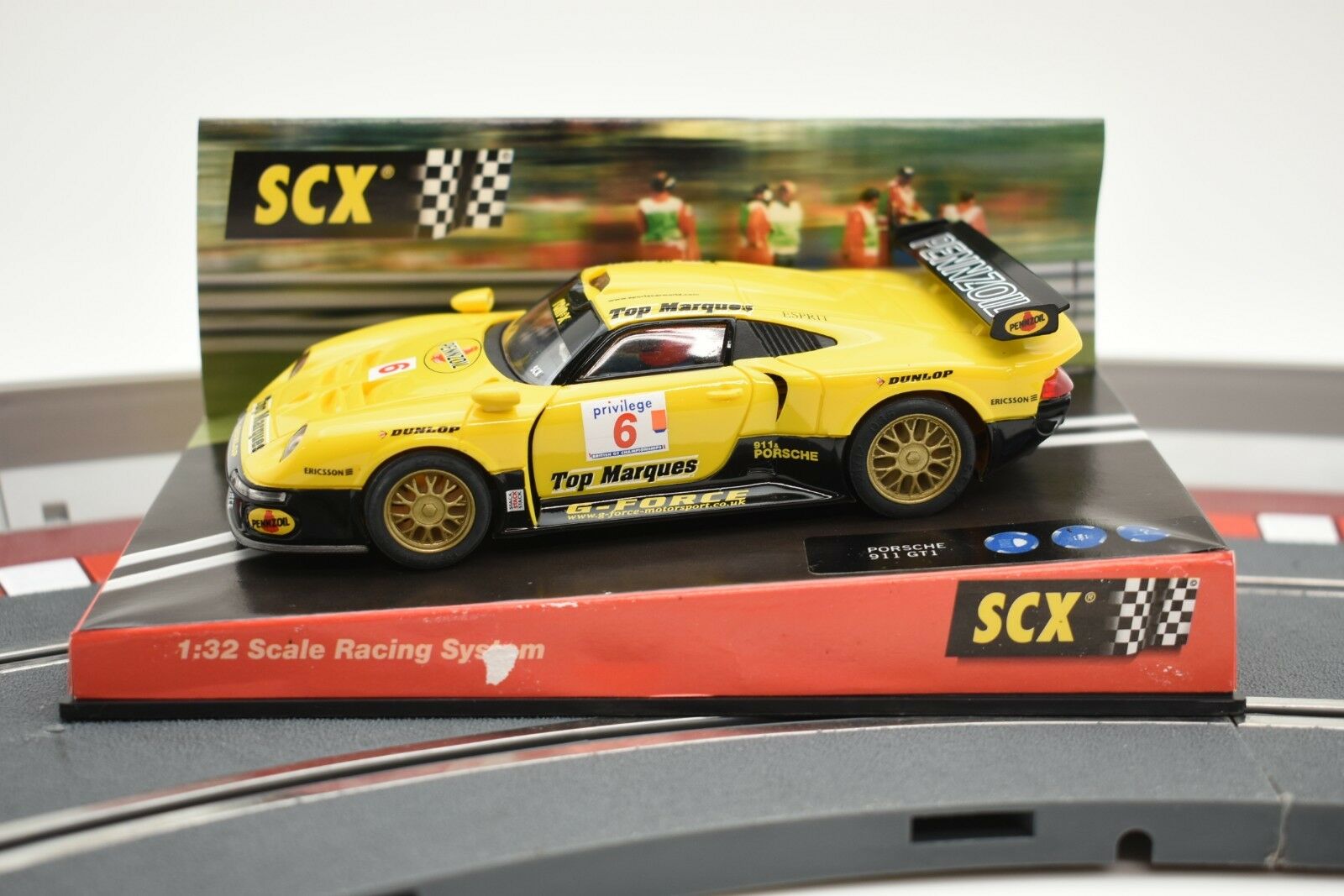 Porsche 911 GT1 “Pennzoil” SCX Analog Slot Car - Yellow Beauty!