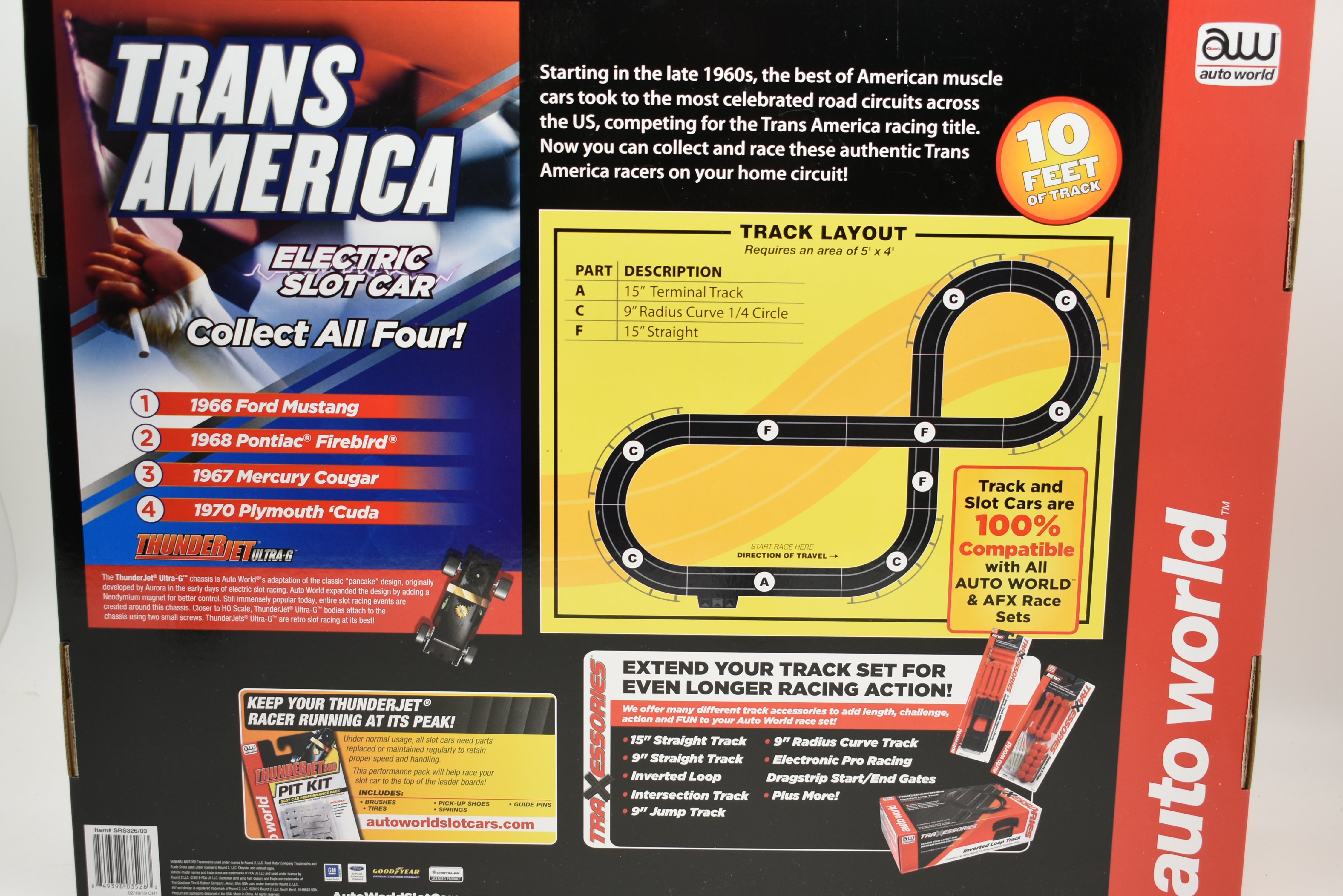 Auto World SRS326 10' Trans America 'Cuda And Cougar Slot Race Set: Bring American Muscle to Your Home!