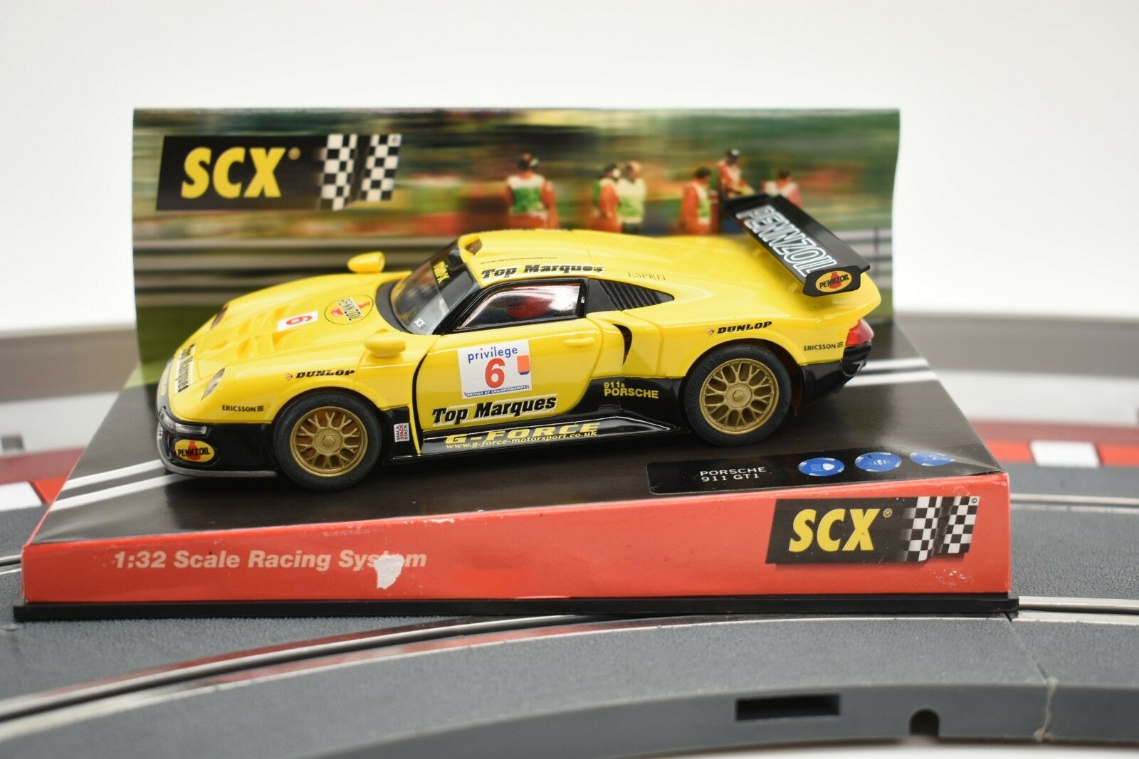 Porsche 911 GT1 “Pennzoil” SCX Analog Slot Car - Yellow Beauty!