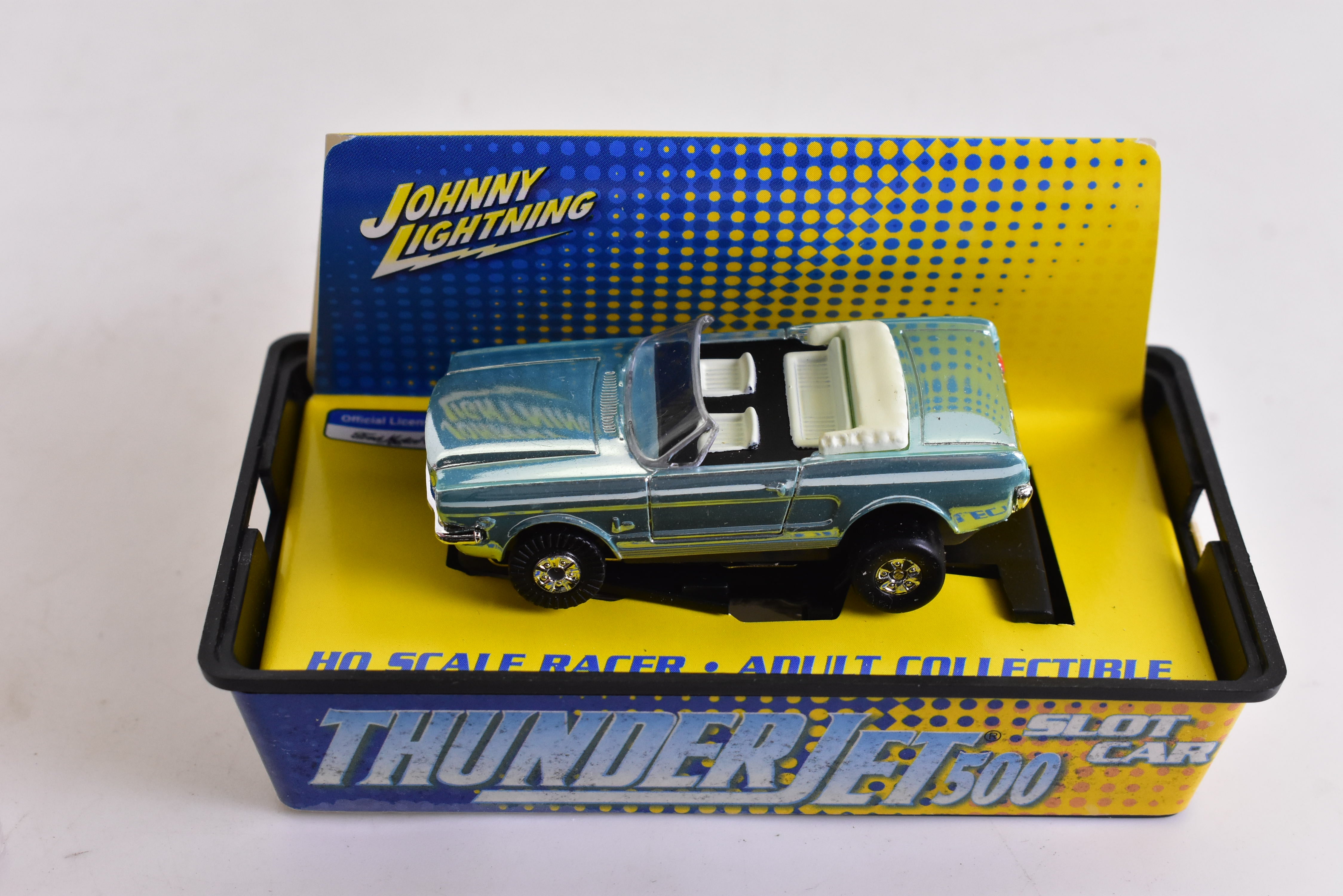 1965 Ford Mustang Convertible L Blue Chrome - ThunderJet 500 Chassis Ho Scale Racer | Auto World - A Must - Have for Racing Enthusiasts